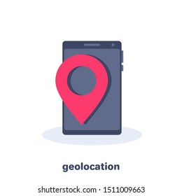 flat vector image on a white background, business icon, smartphone of chen color with a red icon of a location, geolocation and location on a map