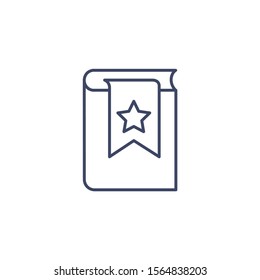 flat vector image on white background, book icon with bookmark and star in linear style, bestseller or hit