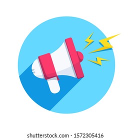 flat vector image on white background, red loudspeaker icon in a blue circle and lightning, attracting people and promotion