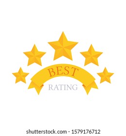 flat vector image on a white background, five stars and a yellow ribbon with the inscription, emblem of high rating or quality