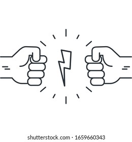 flat vector image on a white background in linear style, two hands clasped in a fist pointing at each other and a zipper between them, opposition or rivalry