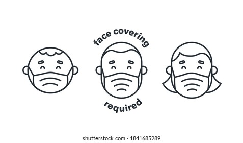 flat vector image on white background, linear icons of people in a mask, protection against coronavirus, face covering required