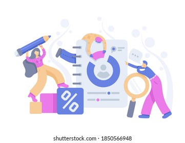 flat vector image on a white background, men and a woman near a notebook with a chart, data analysis