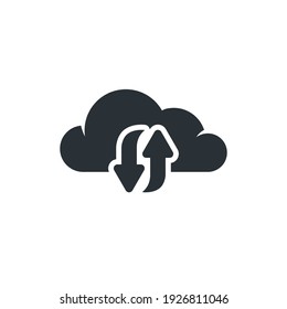 flat vector image on white background, cloud icon with arrows, upload and download data to cloud