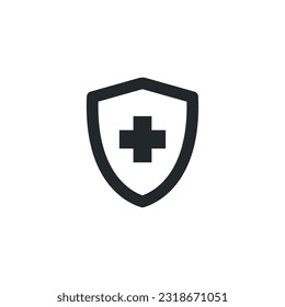 flat vector image on white background, shield icon with cross, healthcare and medicine