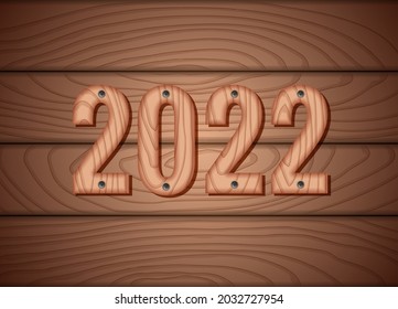 flat vector image on a wooden background, wooden figures 2022 screwed with self-tapping screws, New Year greeting element