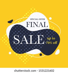 flat vector image on a yellow background, design in the form of fluid forms, final sale with a discount of 70 percent