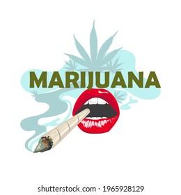 Flat vector image, open mouth and smoking cigarette, inscription marijuana and grass leaves silhouettes, a lot of smoke. Cut objects on white background 
