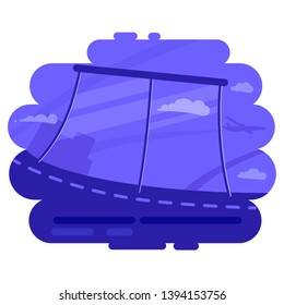 flat vector image of panoramic window at airport with view of city and airplane flying in the sky, silhouette of transport sky and clouds, purple lilac gate background for registration eps 10