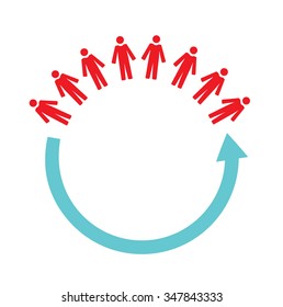 Flat vector image of people, an arrow circling them and copy space in the middle