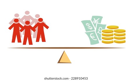 Flat vector image of people and money on a scale