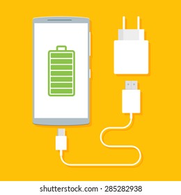 Flat vector image of phone, cable and charger. Phone charge image. Phone charging. Phone flat image. Full battery vector illustration. Phone cable vector. Full battery flat vector. Phone full battery