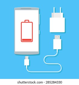 Flat vector image of phone, cable and charger. Phone charge image. Phone discharge. Phone flat image. Low battery vector illustration. Phone cable vector. Low battery flat vector. Phone low battery