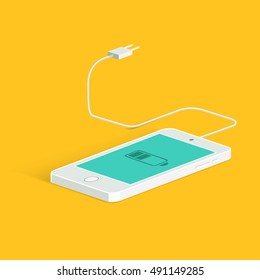 Flat vector image of phone, cable and charger. Phone charge image. Low battery. Isometric view. Vector flat style.