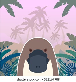 Flat Vector image of the Platypus on the Jungle Background