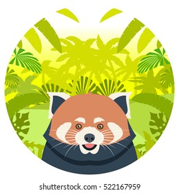 Flat Vector image of the Red Panda on the Jungle Background