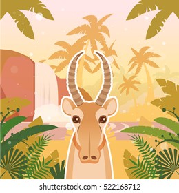 Flat Vector image of the Saiga on the Jungle Background