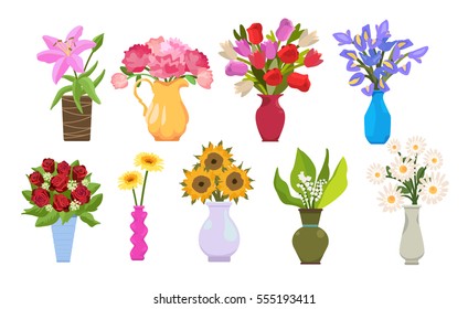Flat vector image. Set of home flowers in pots. House plants
