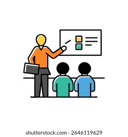 Uma imagem vetorial plana mostrando um representante de vendas apresentando diferentes opções de cores para roupas. Estilo minimalista de design gráfico.