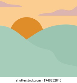 Flat vector image of sunset in the mountains. Minimalism in pastel shades. Dawn against the backdrop of green mountains. 