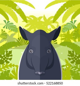 Flat Vector image of the Tapir on the Jungle Background