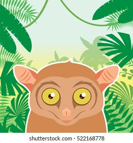 Flat Vector image of the Tarsier on the Jungle Background