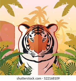 Flat Vector image of the Tiger on the Jungle Background