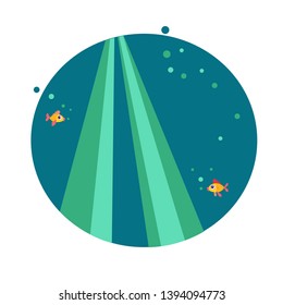 flat vector image of the underwater world with fishes and sunshine, round icon of turquoise sea color, sea, ocean, river, air bubbles, eps 10 golden yellow fish depth diving