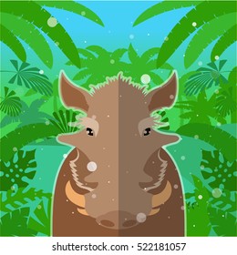 Flat Vector image of the Wart-hog on the Jungle Background