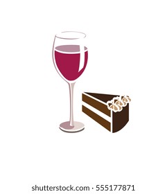 Flat vector image of a wine glass and slice of chocolate cake
