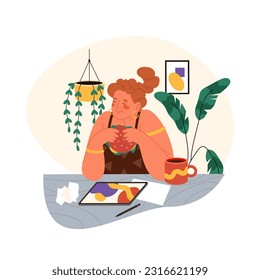 Imagen vectorial plana de una mujer comiendo una hamburguesa en el trabajo. Ilustración de un trabajador que tiene un descanso o una cena en un escritorio cerca de la tableta. Empleado de oficina en el trabajo come comida. Nutrición de jornadas de trabajo independientes, trabajo a distancia