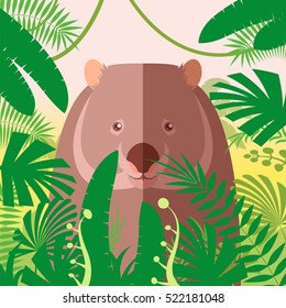 Flat Vector image of the Wombat on the Jungle Background