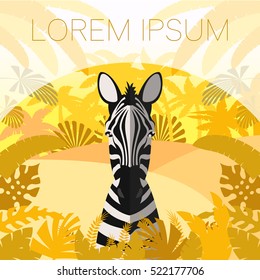 Flat Vector image of the Zebra on the Jungle Background