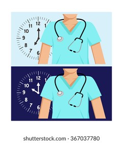 Flat vector images of two doctors with a clocks behind them - one with a day-time background and the other a night-time background