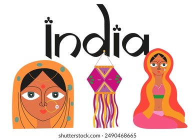 Flat vector India Independence Day. Handwriting India inscription on white background. Indian Woman In Traditional clothes. Indian culture concept