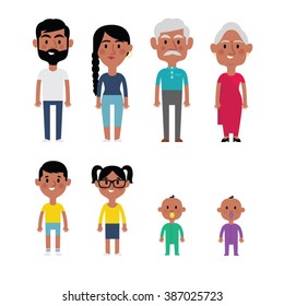 Flat vector indian family members. Parents, grandparents, children and baby.