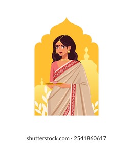 Flat vector of indian women holding diya. Diwali illustration isolated in white.