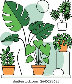 Flat vector of indoor houseplants in pots on a shelf. Minimalist green design, perfect for home decor, nature themes, or botanical projects.