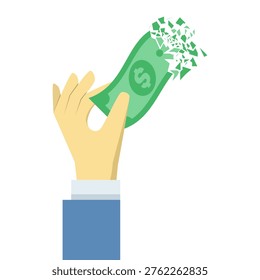 Flat vector of inflation and deflation crisis, hands losing money, economic downturn, business loss, financial instability, and recession concept illustration.