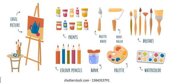 Flat vector infographic art studio, designing, drawing, art, education, creativity. Online courses, tutorials for mobile and web graphics. Paints, easel, brushes, palette knife, palette, pencils, pain