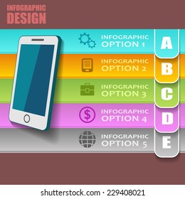 Flat vector infographic design with mobile phone and different business icons and text slogans 