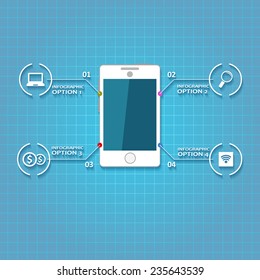 Flat vector infographic design with mobile phone and different business icons and text slogans