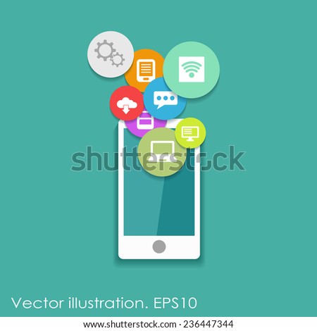 Flat vector infographic design with mobile phone and different icons on blue background