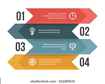 Layout infográfico vetorial plano com números e espaços reservados. Modelo de apresentação simples baseado em setas. Bom para explicar várias opções.