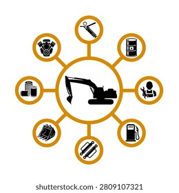 Flat vector infographic showcasing excavator maintenance and repair service concepts. Central excavator silhouette surrounded by icons for engine, hydraulic cylinders, filters, bucket, fuel, mechanic, oil barrel, and grease gun on a white isolated background.
