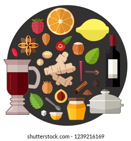 Flat vector. Ingredients for making mulled wine.
