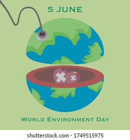 flat vector of inside earth with sick heart and need to heal, 5 june world environment day concept