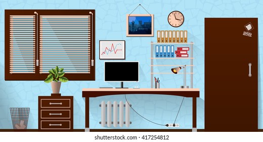 Flat vector interior office room in blue wooden style. Vector illustration