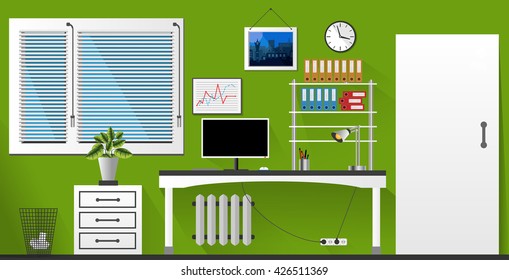 Flat vector interior office room in green and white style. Vector illustration