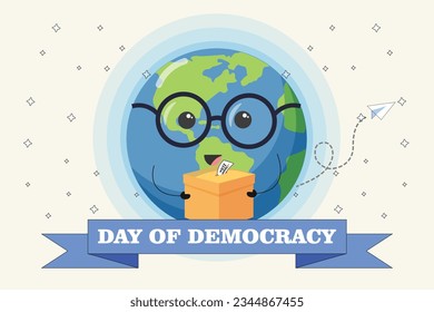 Flat Vector International Day of Democracy with earth hold ballot box and ribbon. Illustration Design Concept for Flyer, Poster, Banner, or Background
